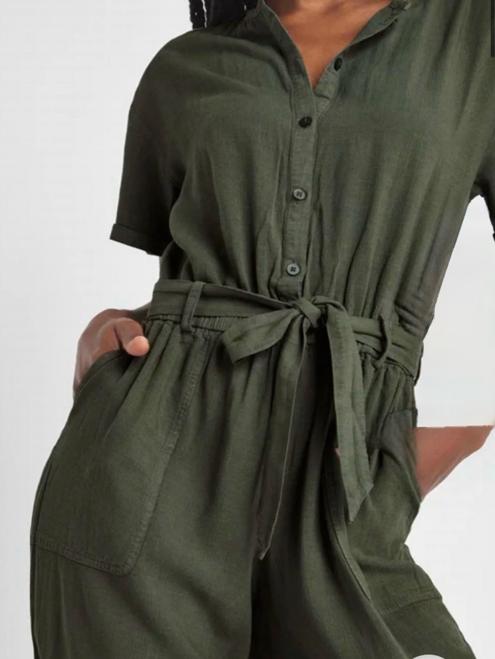 Splendid Ray Linen Tie-Waist Utility Jumpsuit Olive Green XS